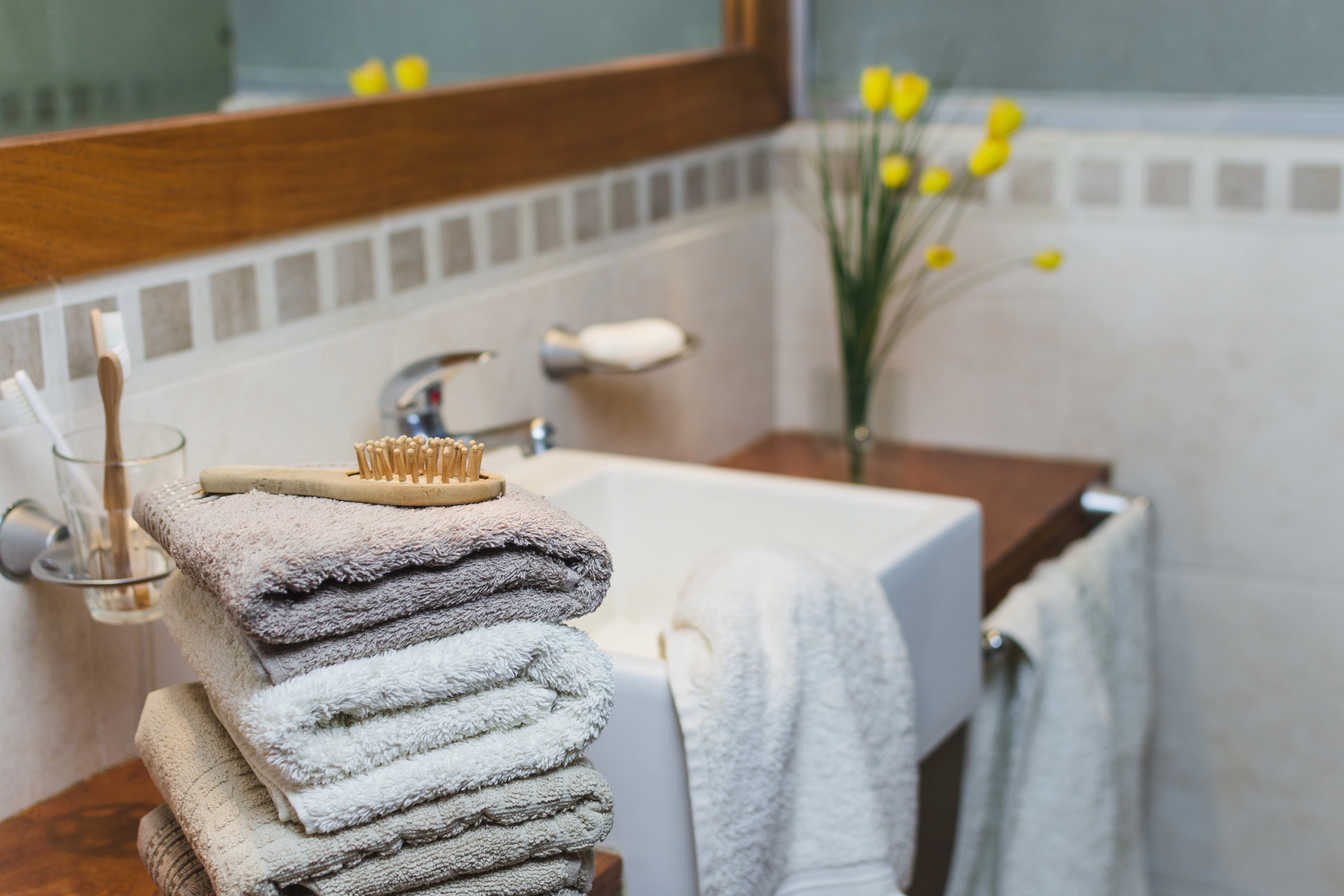 Organized bath accessories lined up neatly